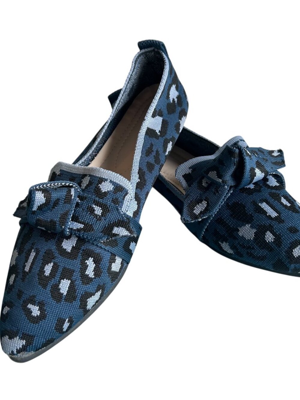 J. Renee Blue Leopard Print Knit Pointed Toe Bow Flats Shoes Women’s Size 8.5